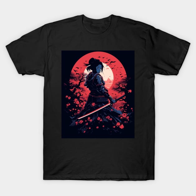 Japanese Ninja Geisha Samurai Anime Girl Katana Aesthetic Cherry Blossom T-Shirt by LARFADASTRO